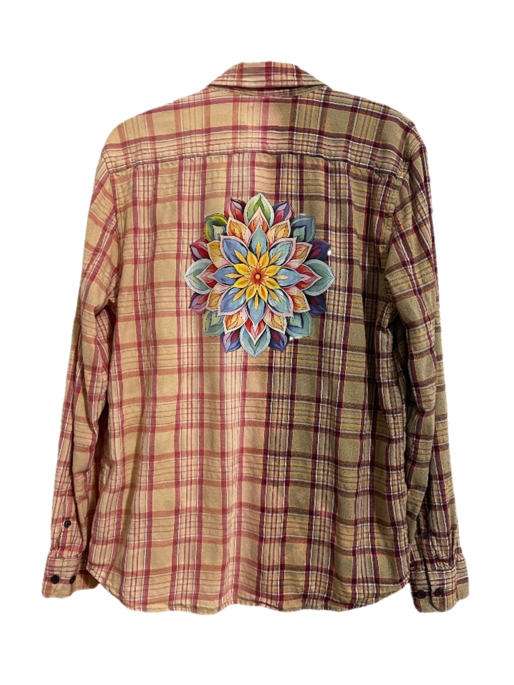Upcycled “Mandala” Two-Tone Plaid Shirt Tan / Peach
